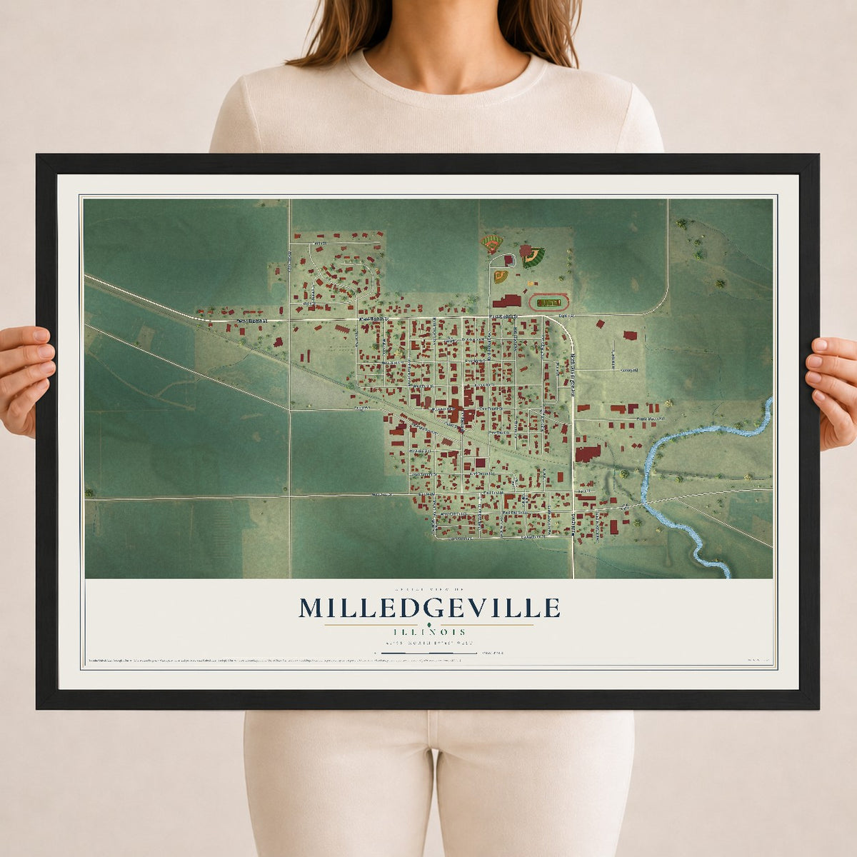 Map of Milledgeville, Illinois, 18 x 24 inch print in a black wood frame