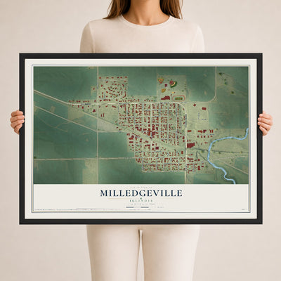 Map of Milledgeville, Illinois, 24 x 36 inch print in a black wood frame