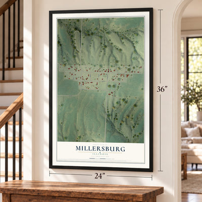 Millersburg, Illinois map, 24 x 36 inch print in a black frame by a staircase