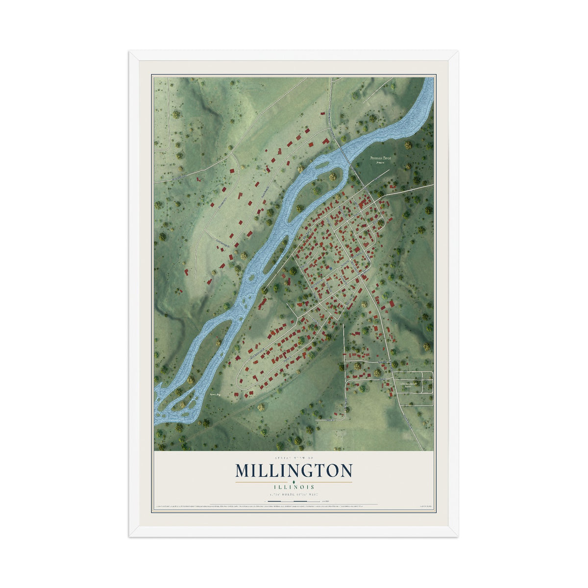 Map of Millington, Illinois, 12 x 18 inch print in a white wood frame