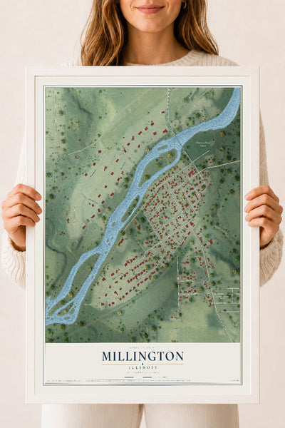 Map of Millington, Illinois, 18 x 24 inch print in a white wood frame