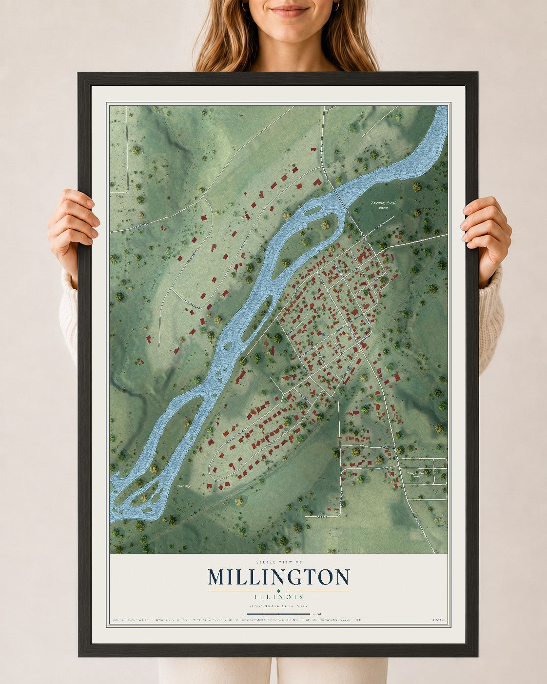 Map of Millington, Illinois, 24 x 36 inch print in a black wood frame