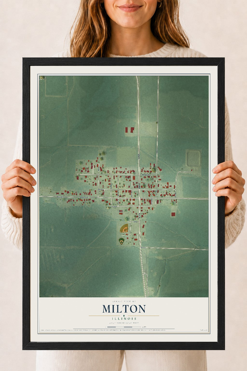 Map of Milton, Illinois, 18 x 24 inch print in a black wood frame