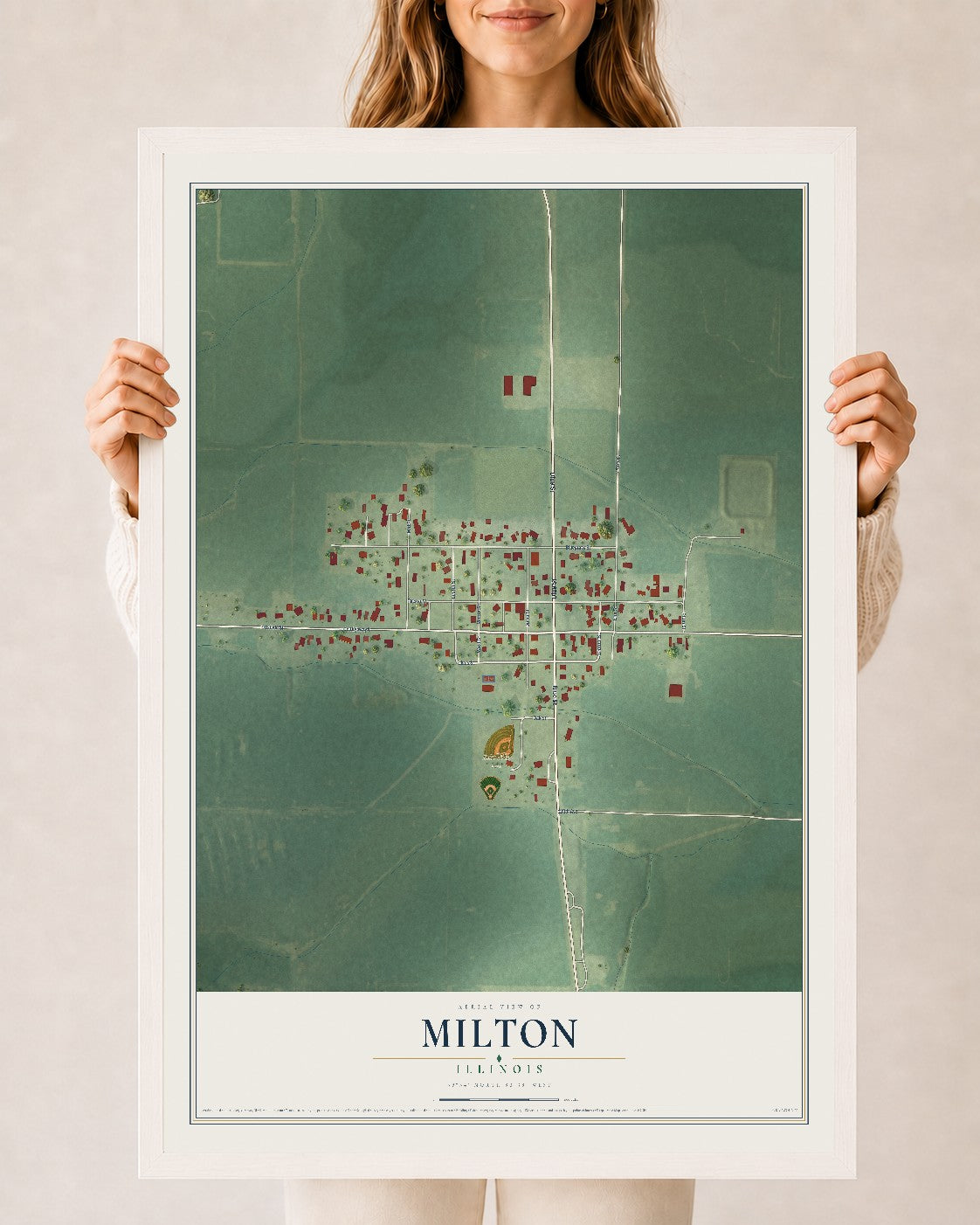Map of Milton, Illinois, 24 x 36 inch print in a white wood frame