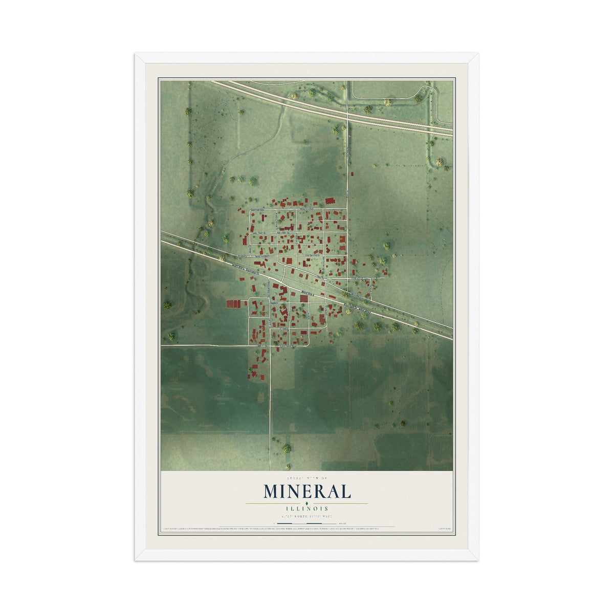 Map of Mineral, Illinois, 12 x 18 inch print in a white wood frame