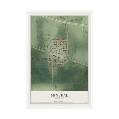 Map of Mineral, Illinois, 12 x 18 inch print in a white wood frame