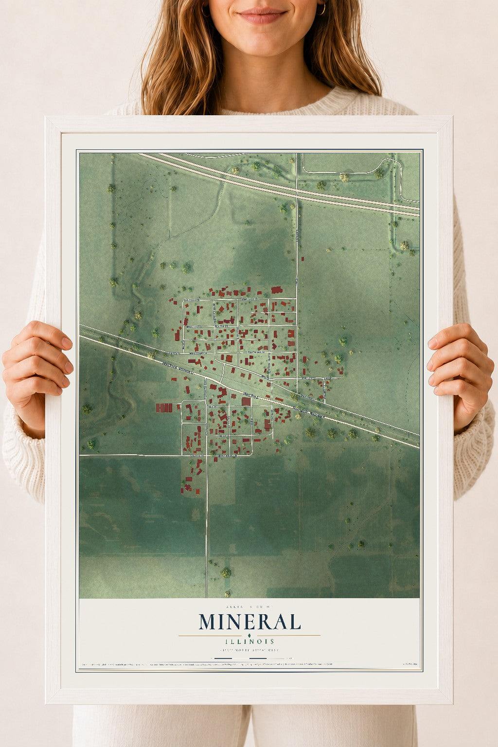 Map of Mineral, Illinois, 18 x 24 inch print in a white wood frame