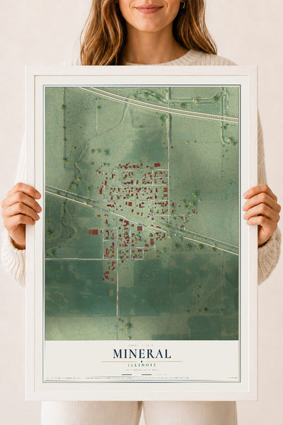 Map of Mineral, Illinois, 18 x 24 inch print in a white wood frame