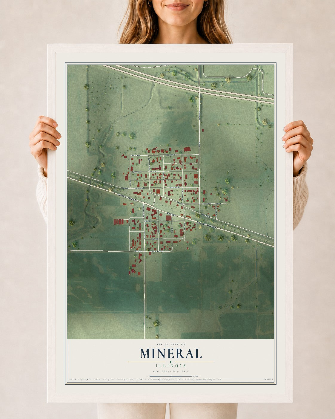 Map of Mineral, Illinois, 24 x 36 inch print in a white wood frame