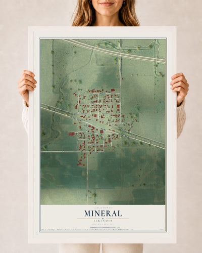 Map of Mineral, Illinois, 24 x 36 inch print in a white wood frame