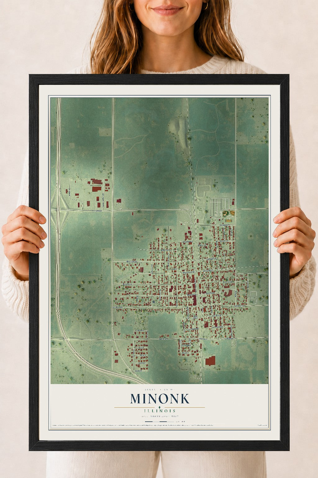 Map of Minonk, Illinois, 18 x 24 inch print in a black wood frame