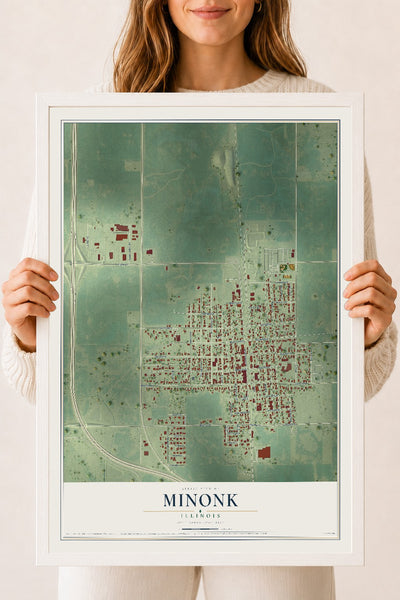 Map of Minonk, Illinois, 18 x 24 inch print in a white wood frame