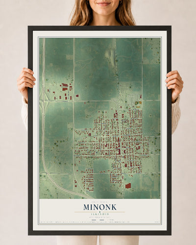 Map of Minonk, Illinois, 24 x 36 inch print in a black wood frame