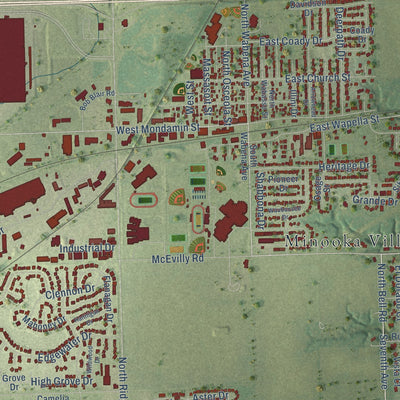 Close-up of the map of Minooka, Illinois print showing street and building detail