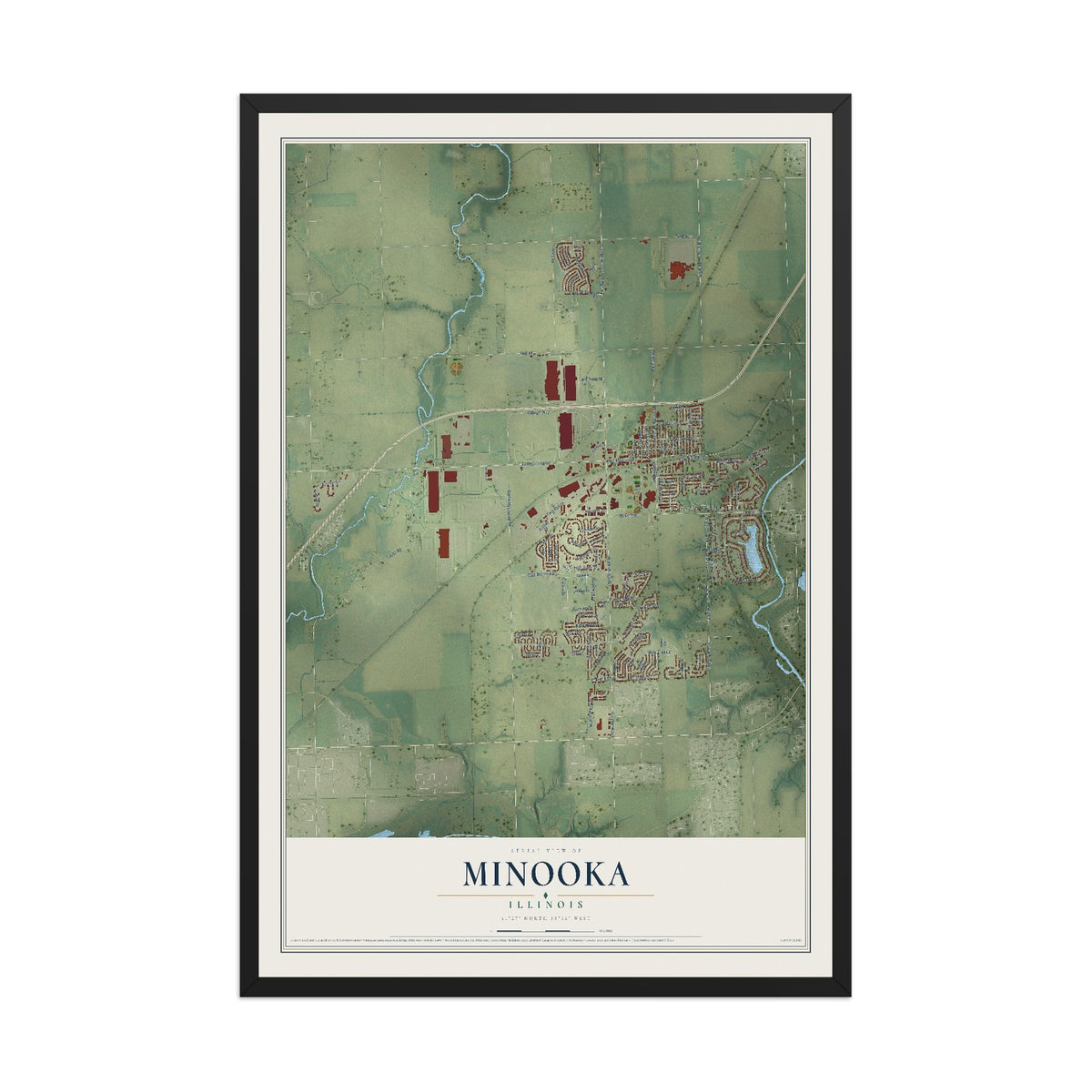 Map of Minooka, Illinois, 12 x 18 inch print in a black wood frame