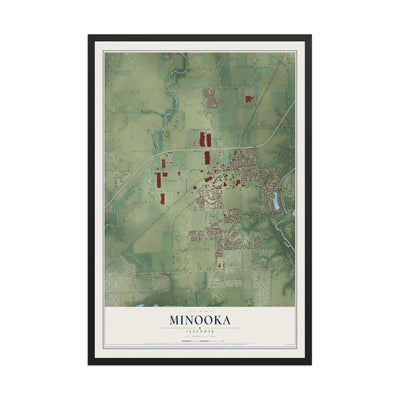 Map of Minooka, Illinois, 12 x 18 inch print in a black wood frame