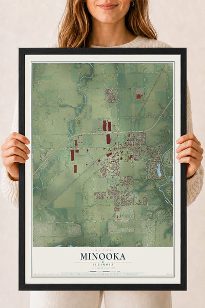 Map of Minooka, Illinois, 18 x 24 inch print in a black wood frame