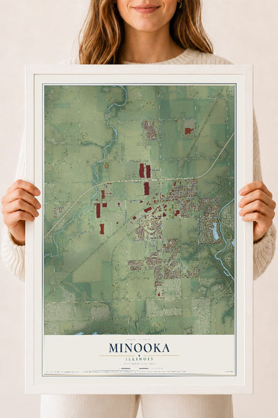 Map of Minooka, Illinois, 18 x 24 inch print in a white wood frame