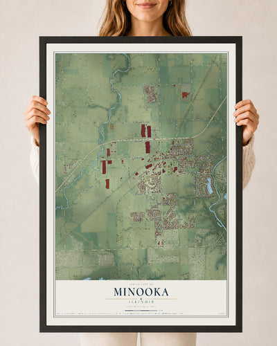 Map of Minooka, Illinois, 24 x 36 inch print in a black wood frame