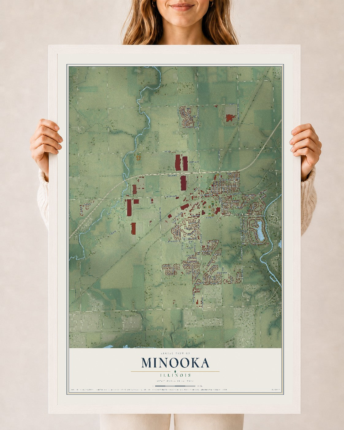Map of Minooka, Illinois, 24 x 36 inch print in a white wood frame