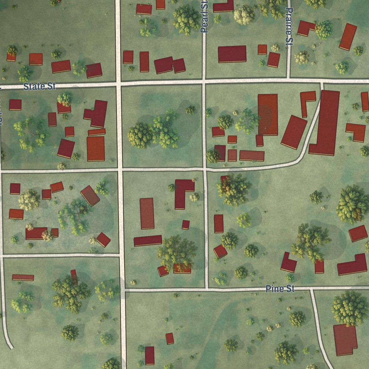 Close-up of the map of Modesto, Illinois print showing street and building detail