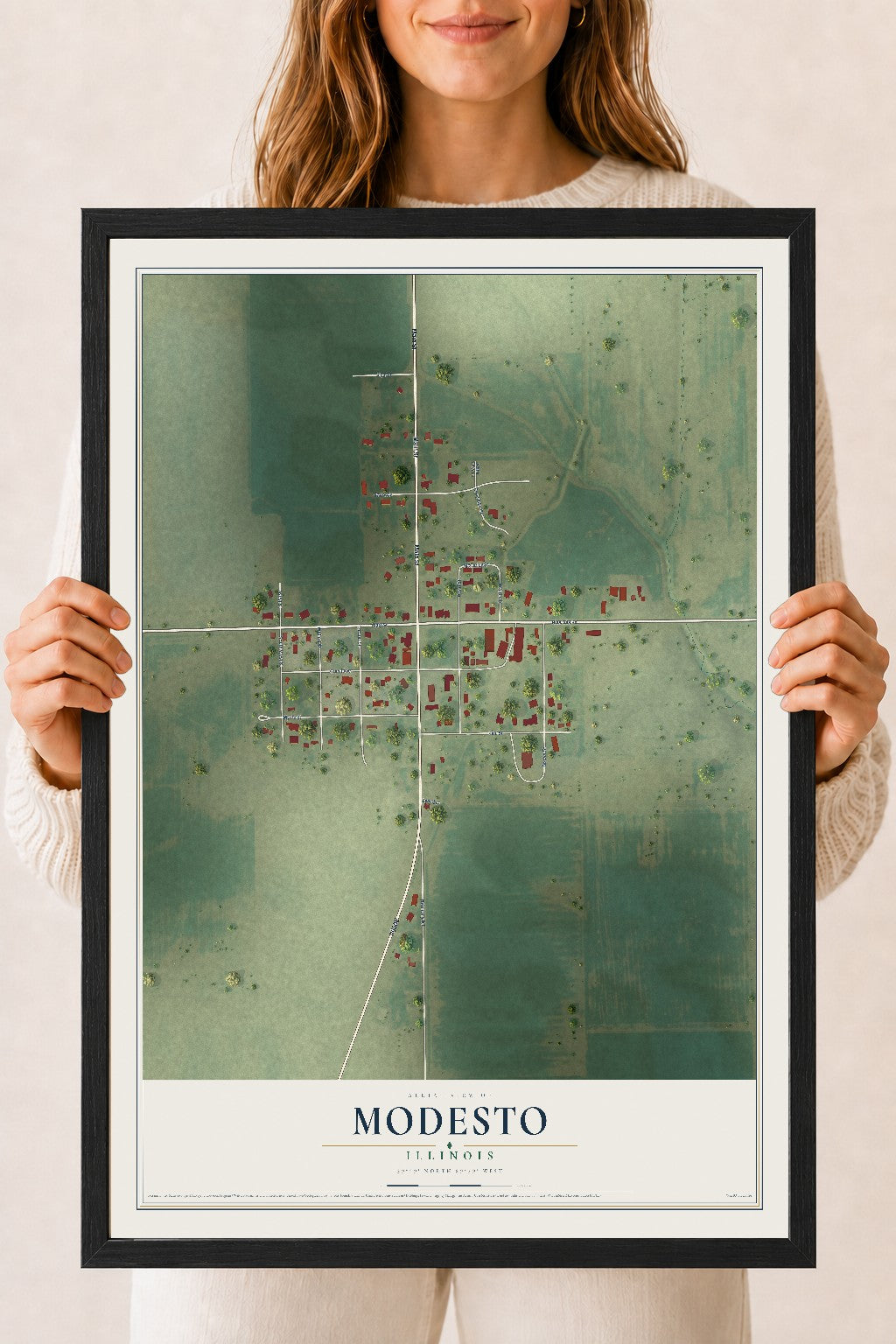 Map of Modesto, Illinois, 18 x 24 inch print in a black wood frame