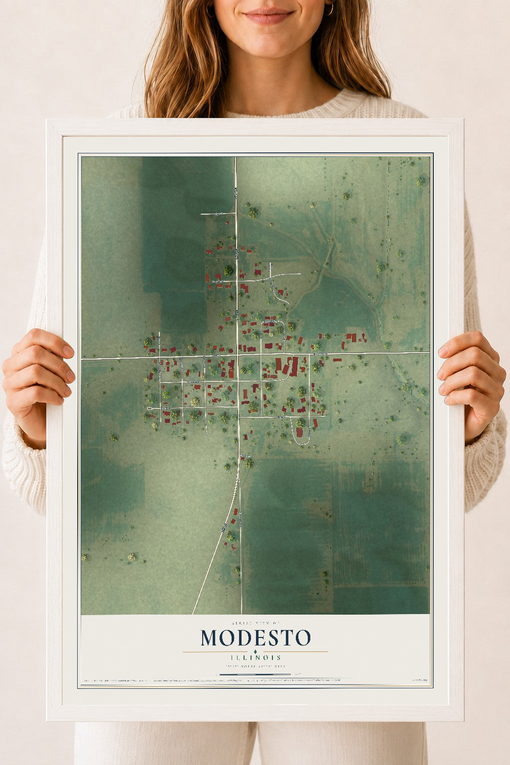 Map of Modesto, Illinois, 18 x 24 inch print in a white wood frame