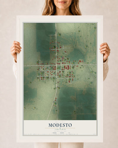 Map of Modesto, Illinois, 24 x 36 inch print in a white wood frame