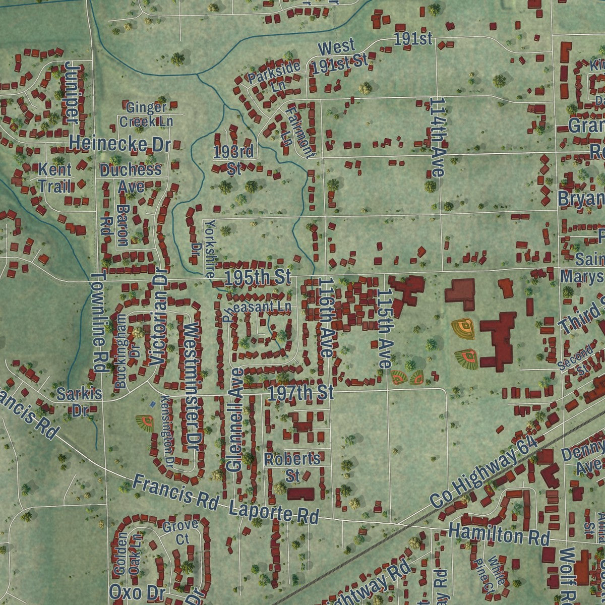 Second close-up of the map of Mokena, Illinois print showing more streets and buildings