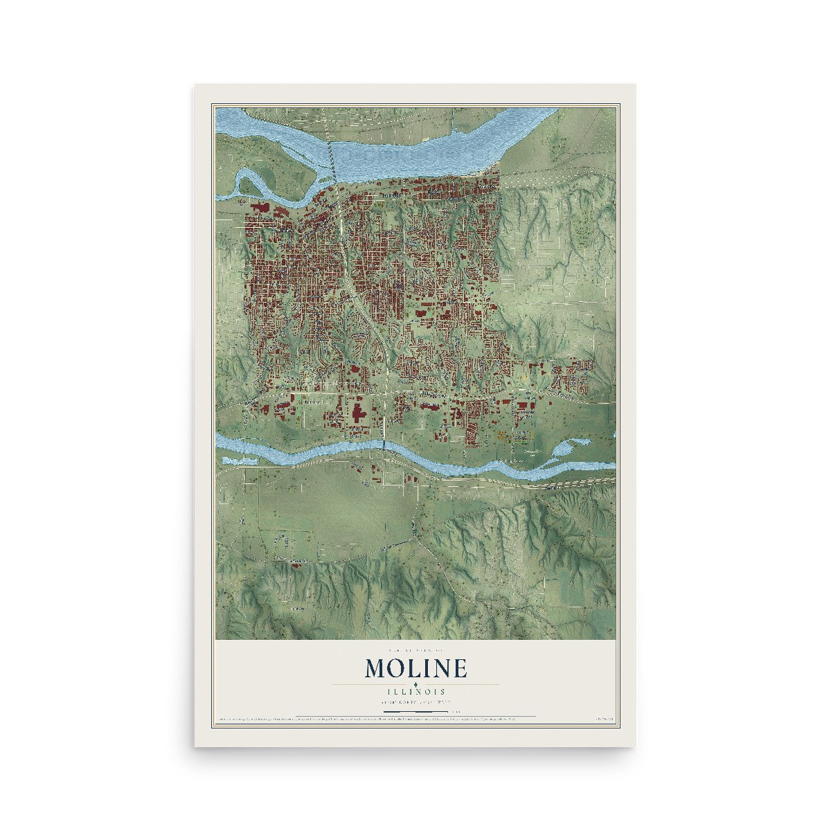 Map of Moline, Illinois, 12 x 18 inch unframed archival matte print
