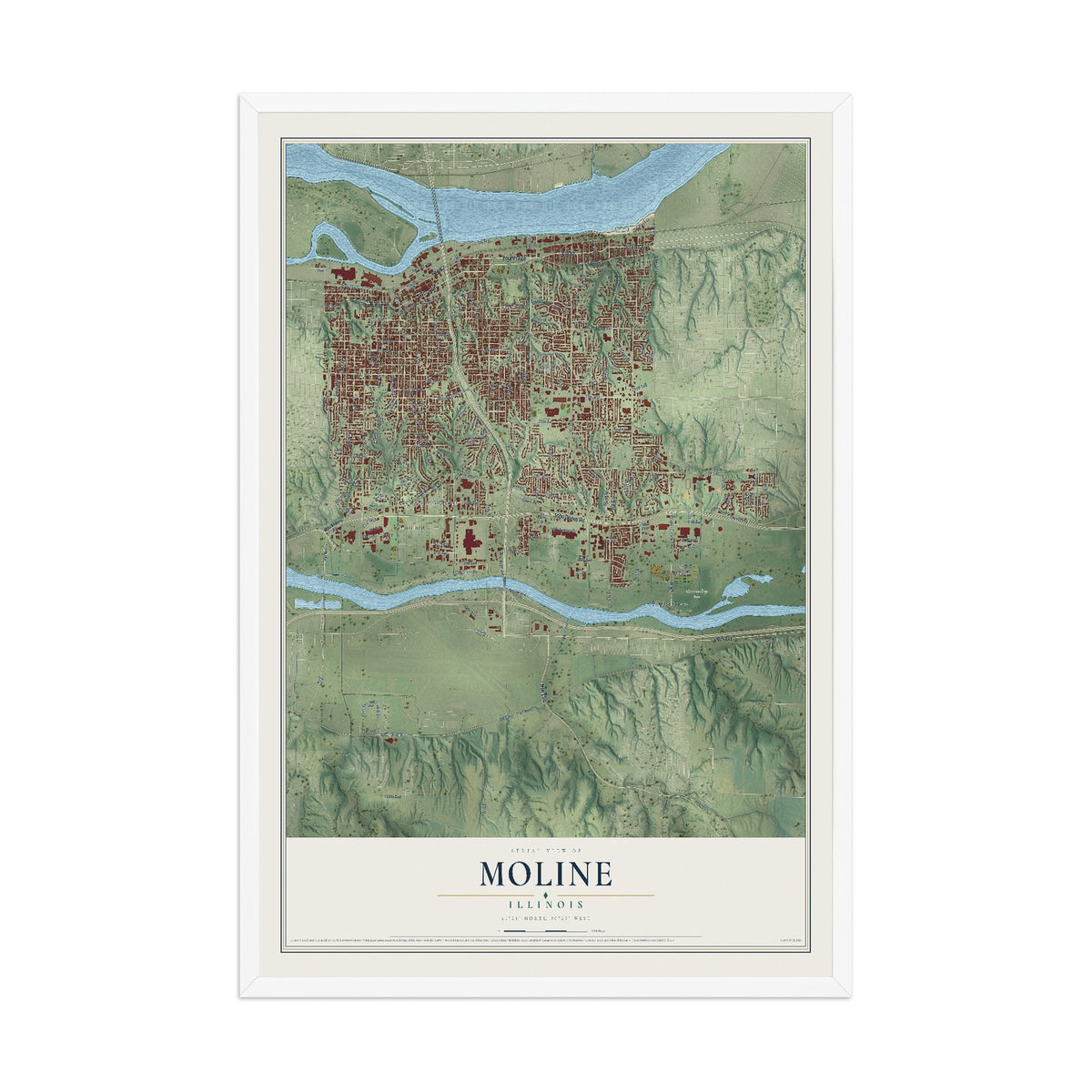 Map of Moline, Illinois, 12 x 18 inch print in a white wood frame