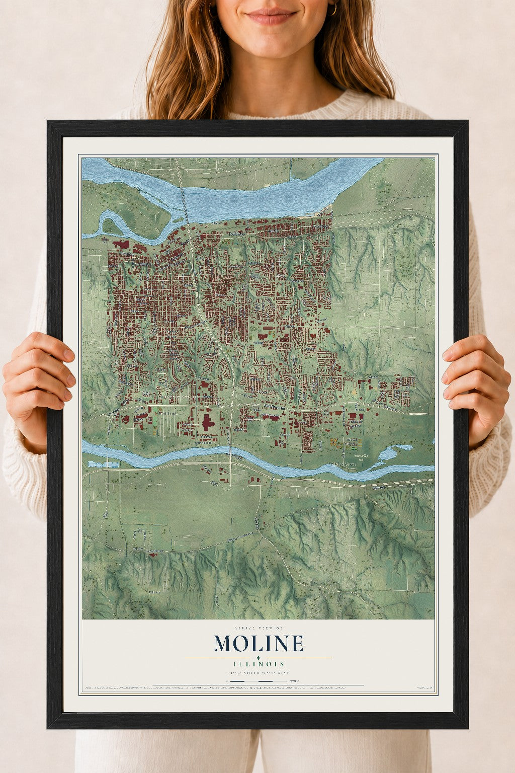 Map of Moline, Illinois, 18 x 24 inch print in a black wood frame