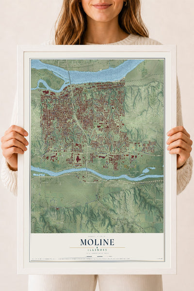 Map of Moline, Illinois, 18 x 24 inch print in a white wood frame