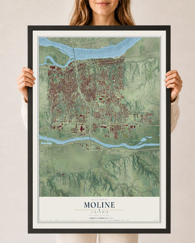 Map of Moline, Illinois, 24 x 36 inch print in a black wood frame