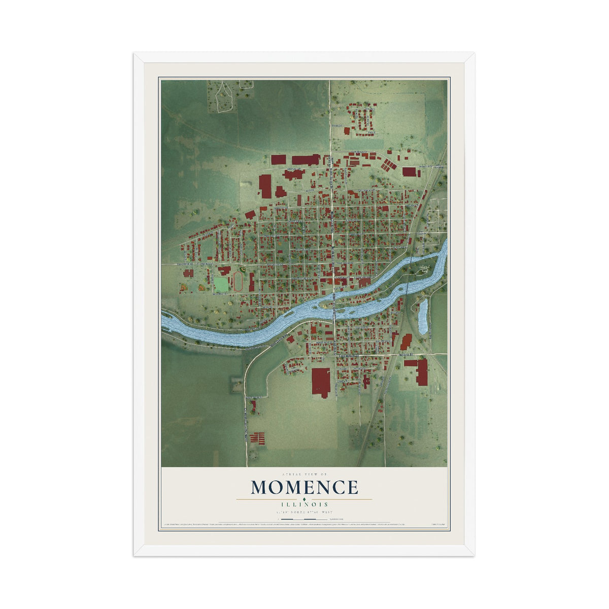 Map of Momence, Illinois, 12 x 18 inch print in a white wood frame
