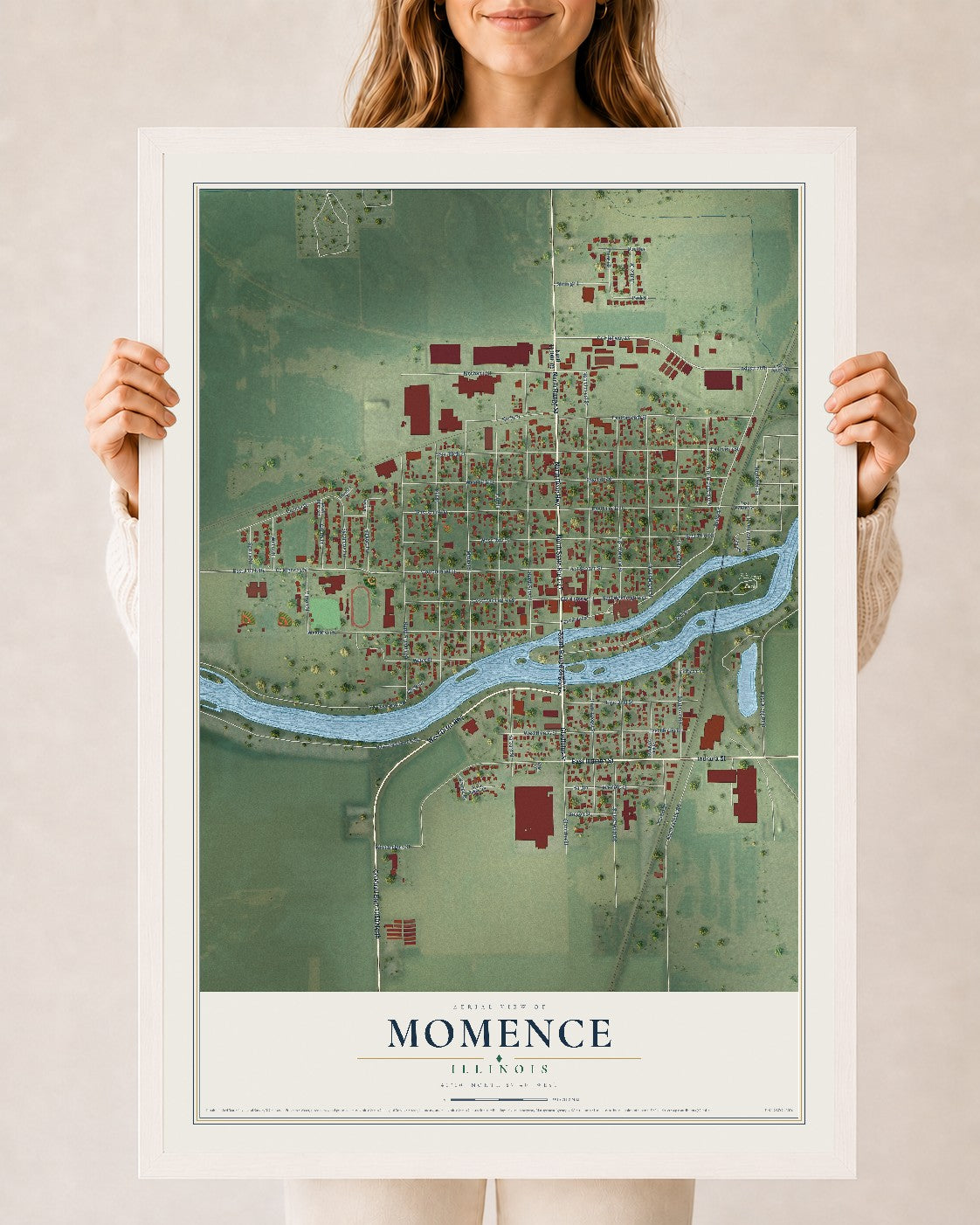 Map of Momence, Illinois, 24 x 36 inch print in a white wood frame