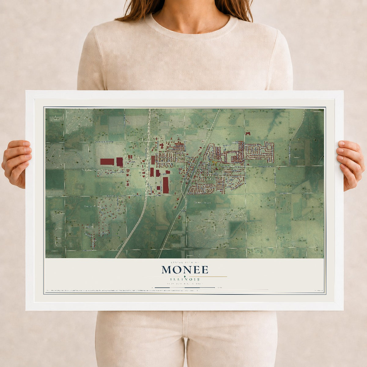 Map of Monee, Illinois, 12 x 18 inch print in a white wood frame