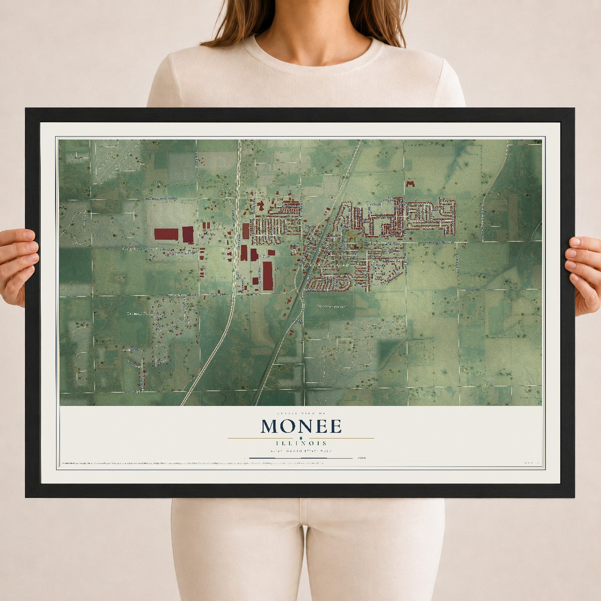 Map of Monee, Illinois, 18 x 24 inch print in a black wood frame
