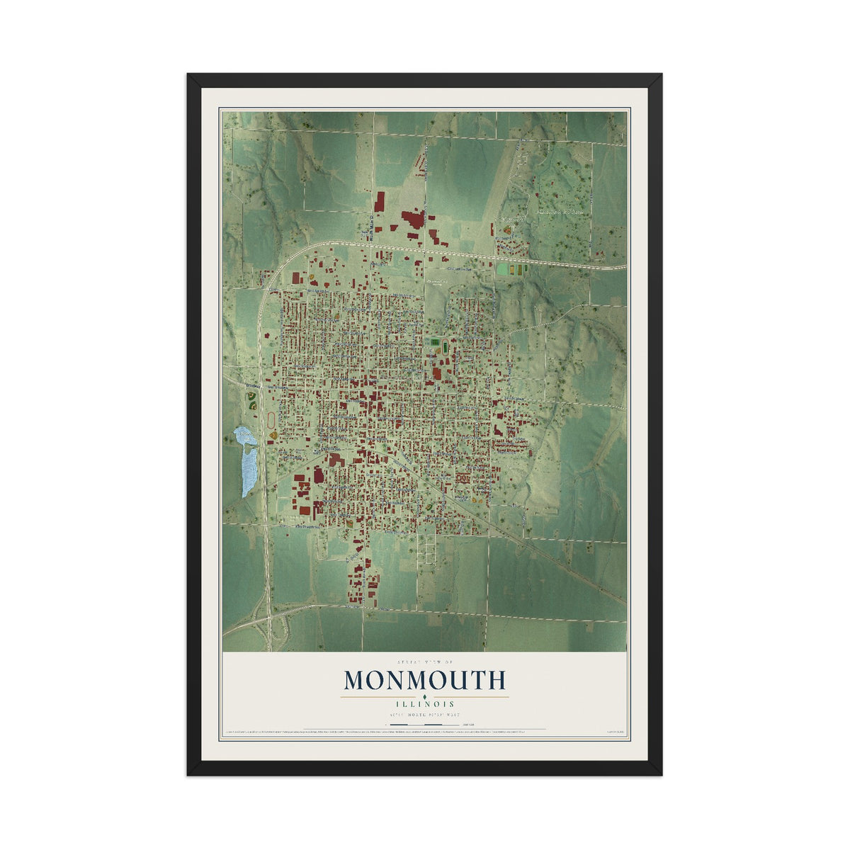 Map of Monmouth, Illinois, 12 x 18 inch print in a black wood frame