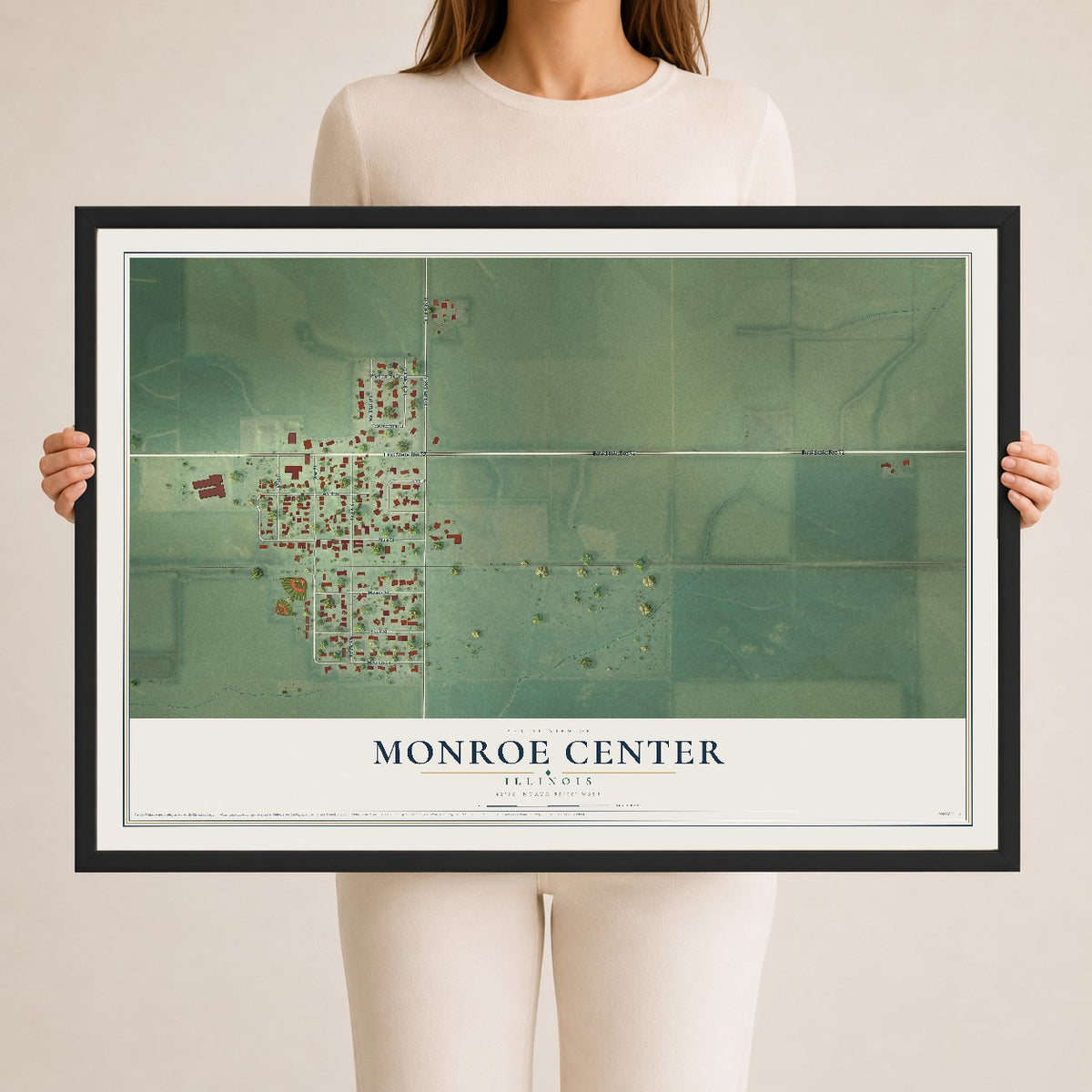 Map of Monroe Center, Illinois, 24 x 36 inch print in a black wood frame