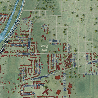 Second close-up of the map of Montgomery, Illinois print showing more streets and buildings