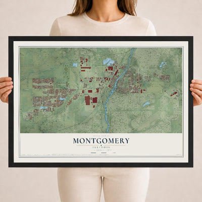 Map of Montgomery, Illinois, 18 x 24 inch print in a black wood frame