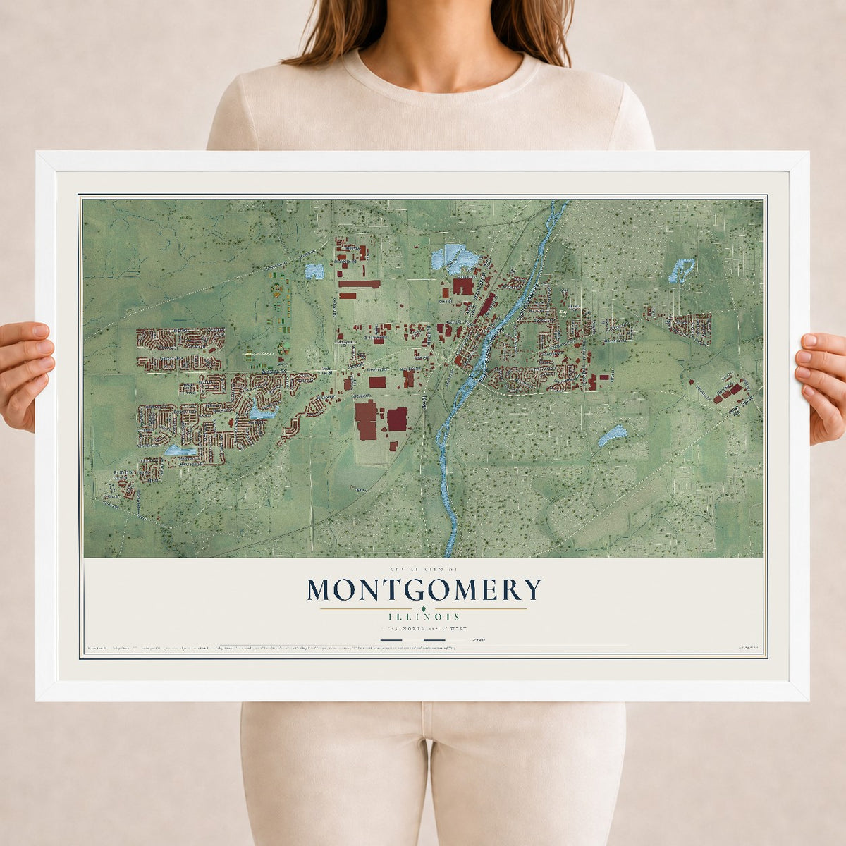 Map of Montgomery, Illinois, 18 x 24 inch print in a white wood frame