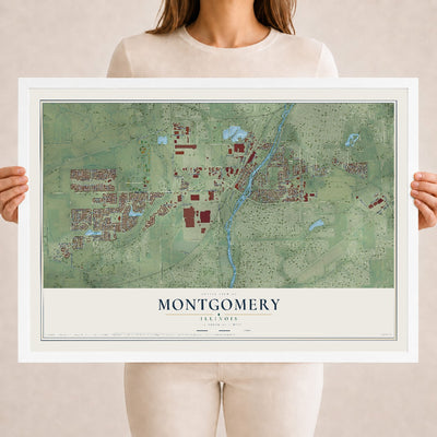 Map of Montgomery, Illinois, 18 x 24 inch print in a white wood frame