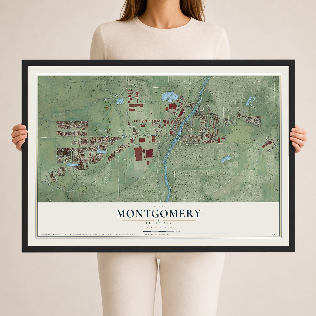 Map of Montgomery, Illinois, 24 x 36 inch print in a black wood frame