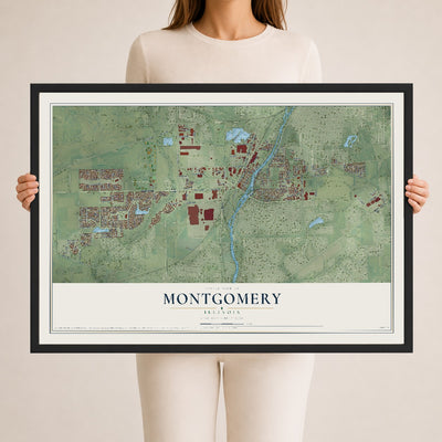 Map of Montgomery, Illinois, 24 x 36 inch print in a black wood frame
