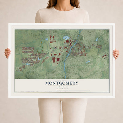Map of Montgomery, Illinois, 24 x 36 inch print in a white wood frame
