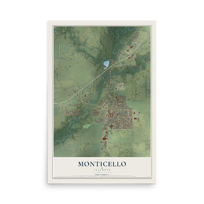 Map of Monticello, Illinois, 12 x 18 inch unframed archival matte print