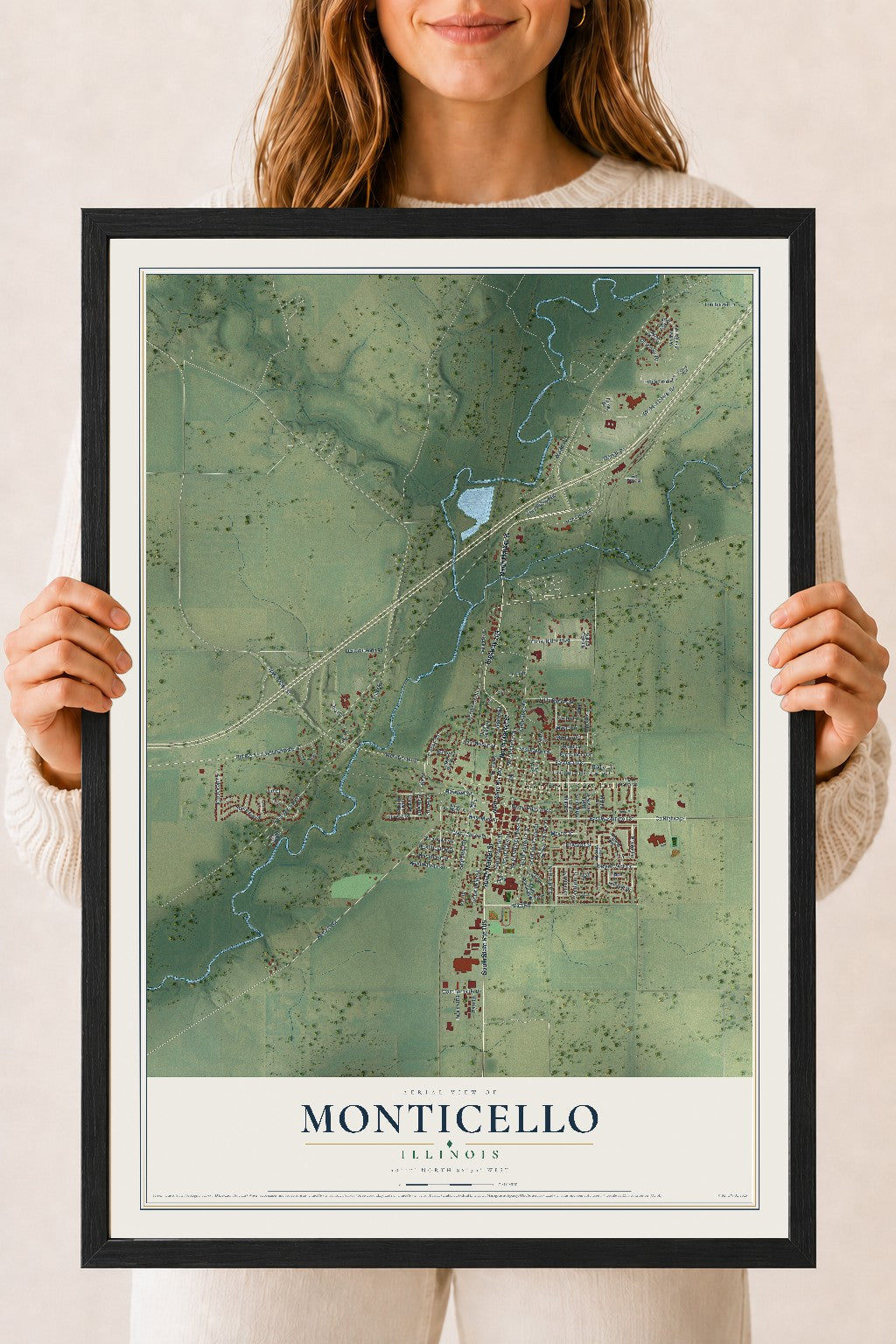 Map of Monticello, Illinois, 18 x 24 inch print in a black wood frame