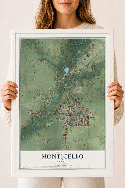 Map of Monticello, Illinois, 18 x 24 inch print in a white wood frame